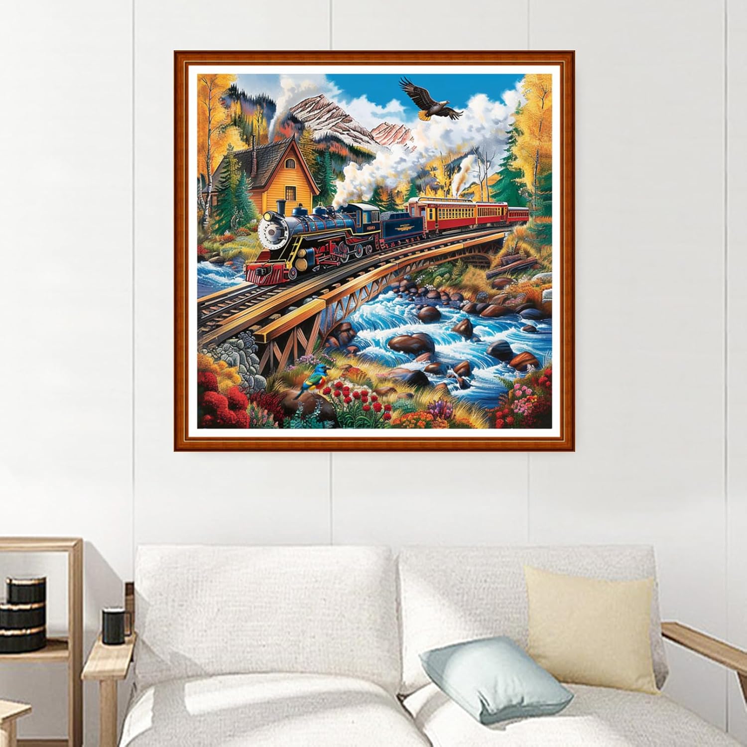 Joyhoor Stamped Cross Stitch Kits for Beginners Needlepoint Kits for Adults Embroidery Kits 11CT Counted Cross Stitch Kits Printed Embroidery Pattern-Forest Train Scenery 18x18 inchs