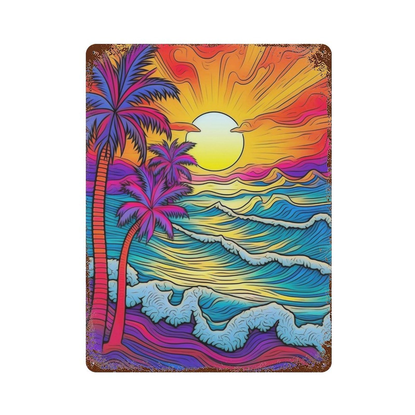 Garage Style Vibrant Tropical Sunset Scene Vintage Metal Tin Sign 15.7"x11.8", Classic Wall Plaque for Bar And Workshop