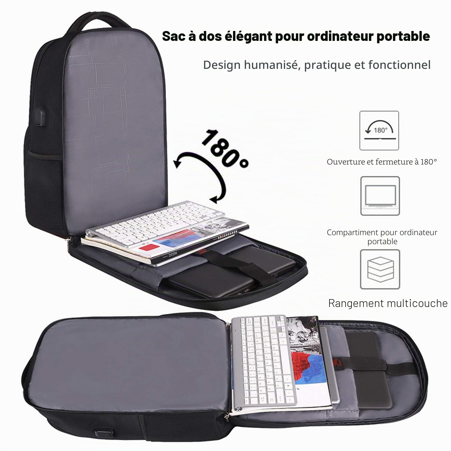 FANDARE Sac à Dos Ordinateur Portable 15.6 Pouces Homme Femme Imperméable avec USB Sac à Dos d'affaires Sac à Dos Fonctionnel Sac a Dos PC Portable pour Loisirs/Affaire/Scolaire Polyester Nouveau Noir