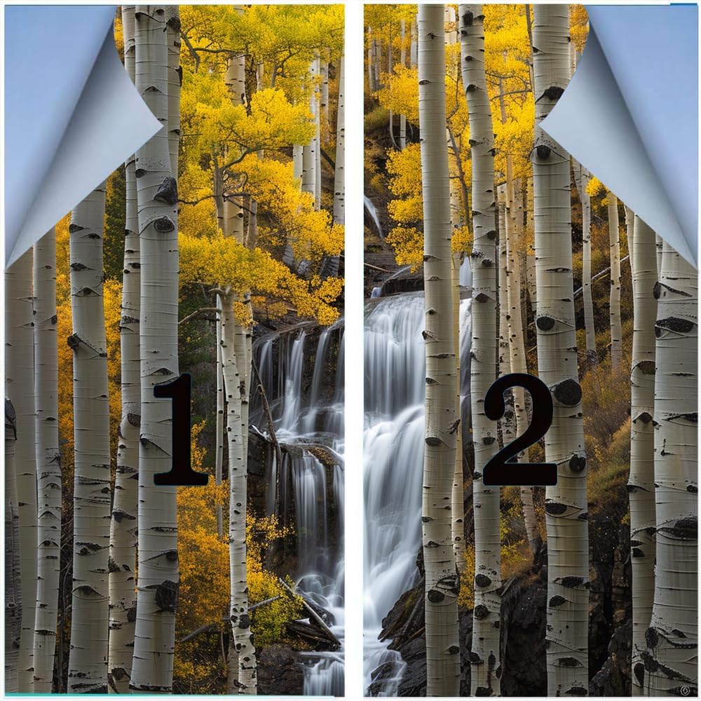 Forest Waterfall Stained Glass Window Stickers Yellow Tree Modern Beautiful River Privacy Window Film Glass Door Covering Self-Adhesive Decals for Bathroom Kitchen 31.5Wx55.1L inch x 2pcs