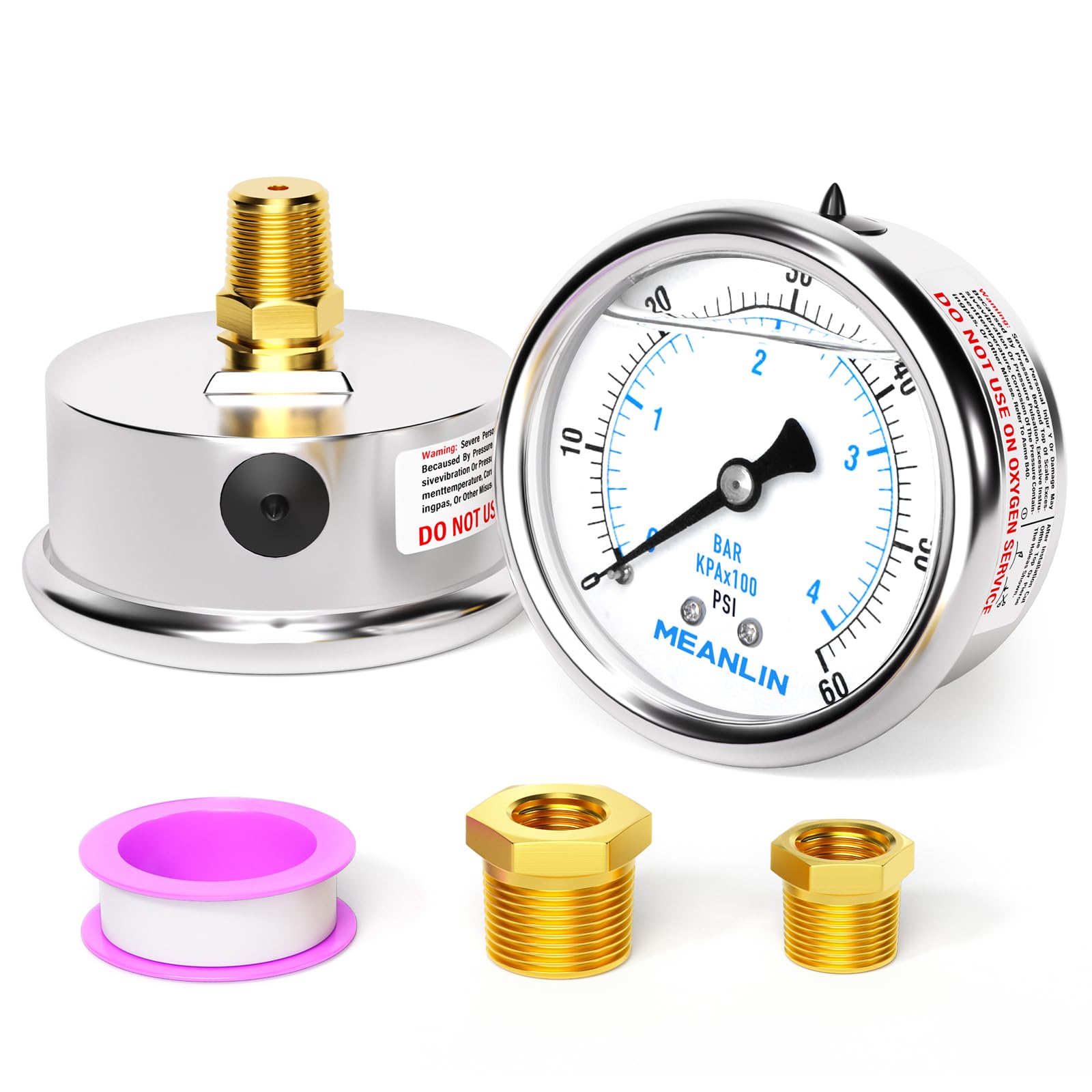 MEANLIN MEASURE Stainless Steel 1/4" NPT 2.5" FACE DIAL Liquid Filled Pressure Gauge WOG Water Oil Gas Center Back Mount（0~60Psi）-image-21