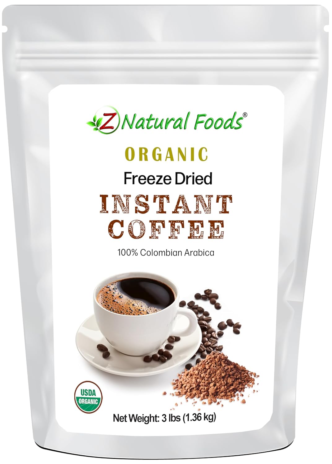 Z Natural Foods Freeze-Dried Organic Instant Coffee - Made from Medium Roast 100% Arabica Beans - Rich in Antioxidants - Boosts Mood, Energy, Memory - Gluten-Free - Non-GMO - Enjoy Hot/Iced, 48 oz