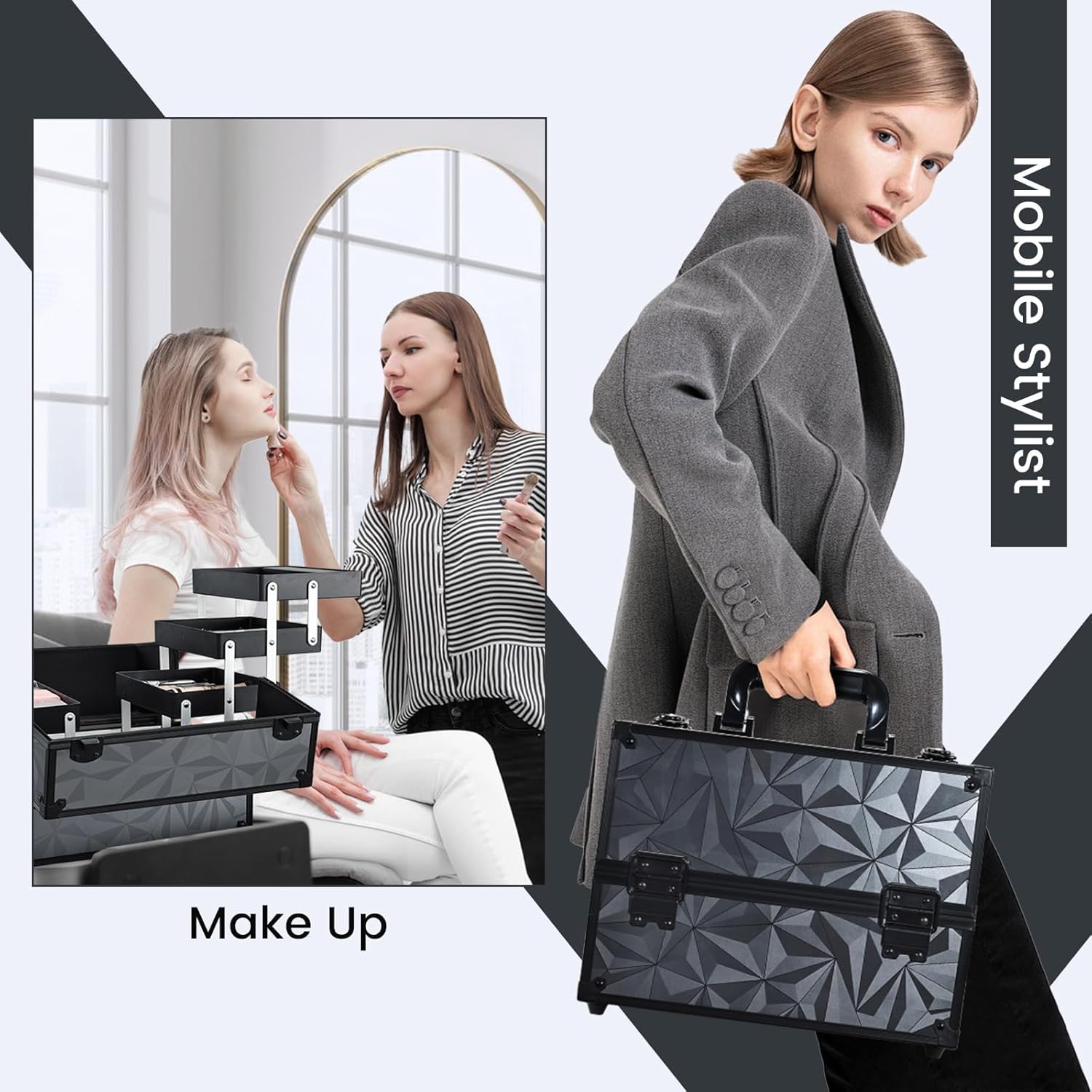 Maletin Maquillaje Grande Profesional Estuche Maquillaje Caja de Viaje Maletín Manicura Joyero Organizador Esmalte de Uñas con 6 Bandejas Regalos para Mujer 30.5x18x22.5cm, Gris Negruzco