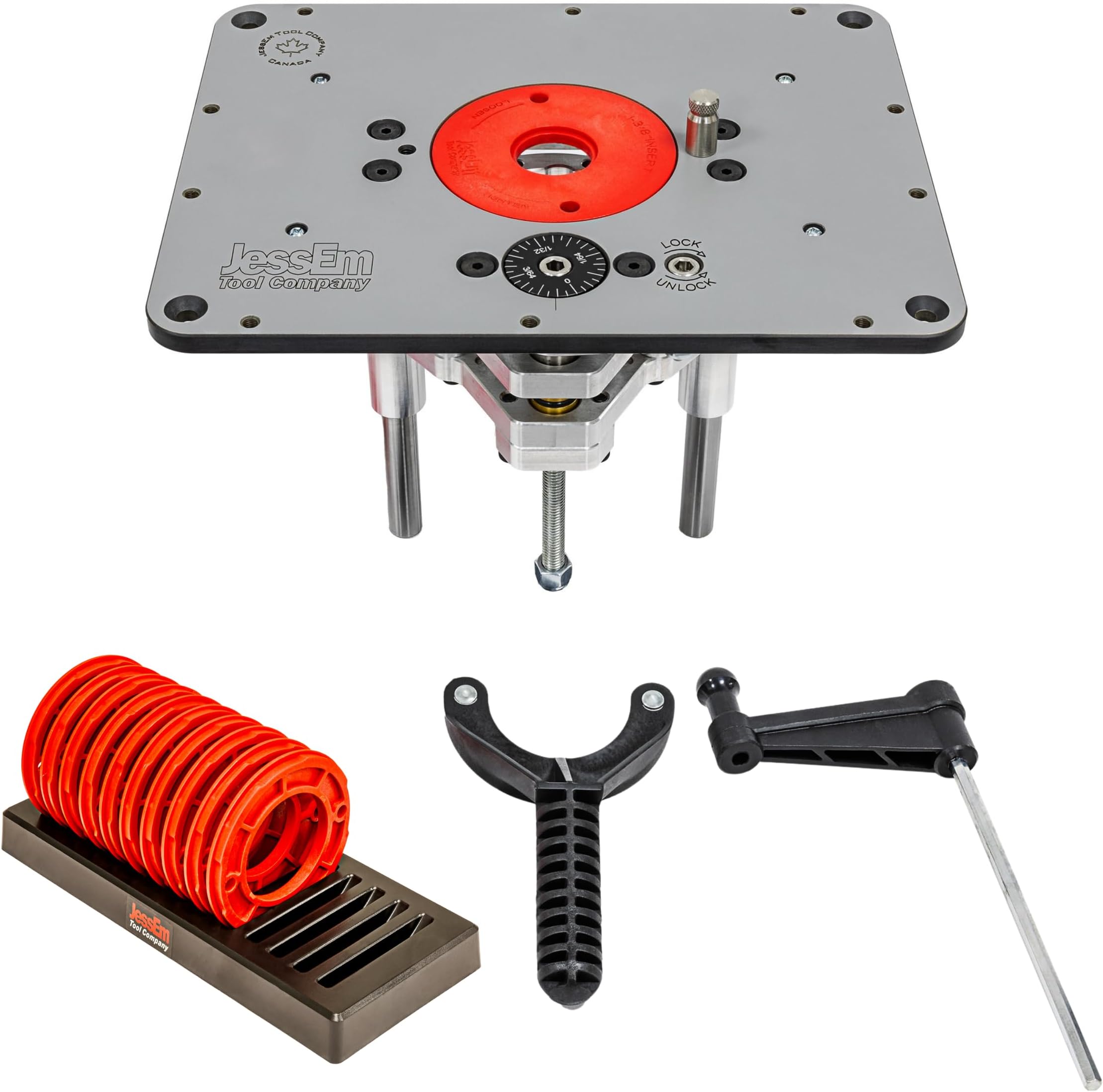 02310 Rout-R-Lift II Router Lift and 02030 10-Piece Insert Ring Kit with Caddy Bundle (2 Items) โ Router Table Lift System โ Above Table Bit Changes โ Quality Design