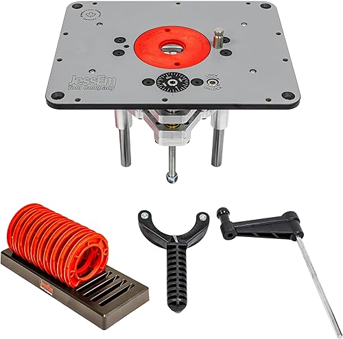 JessEm 02310 Rout-R-Lift II Router Lift y 02030 Kit de anillo de inserción de 10 piezas con paquete Caddy (2 artículos) - Sistema de elevación de