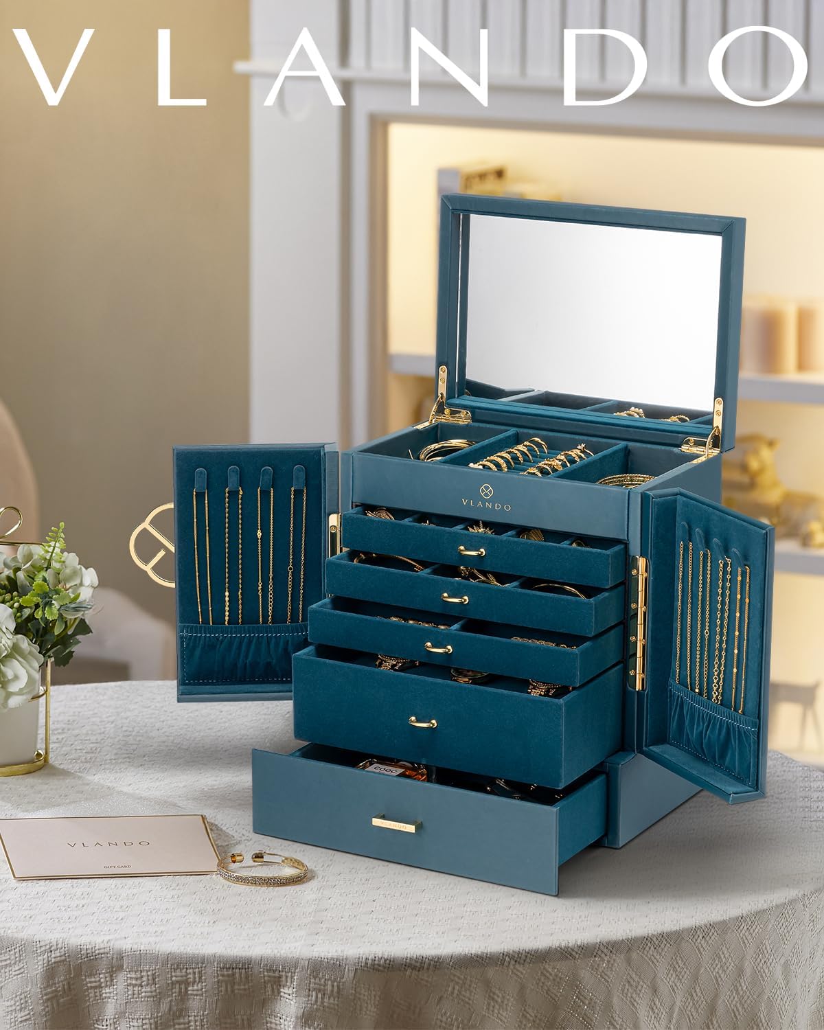 Vlando Large Jewelry Box, 6 Tier Jewelry Boxes & Organizers, Mirror Jewelry Storage Case with 5 Drawers,Faux Leather Watch Earrings Necklace Rings Bracelets Box, Gifts for Women Green