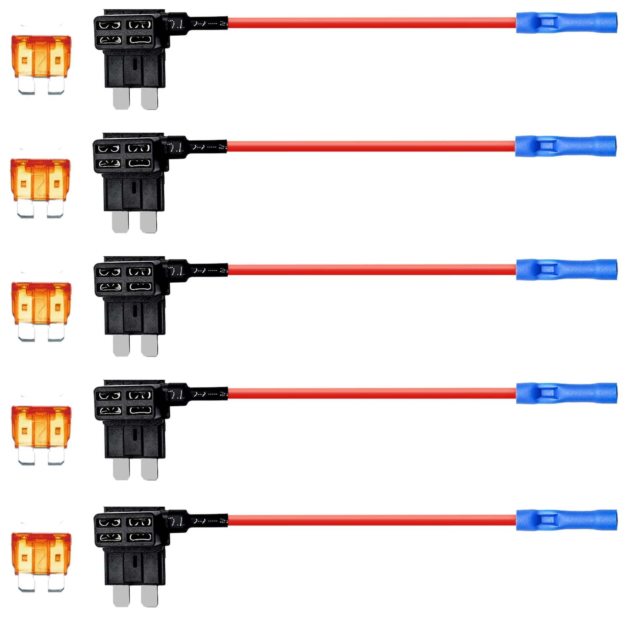 KMH 12V Standard Fuse Tap Adapter Kit Add-A-Circuit with Dual Slot Holder for Standard Blade Car Fuses, Easy Installation, Universal for Cars, SUVs, Trucks, Motorcycles, DIY (Pack fo 5)