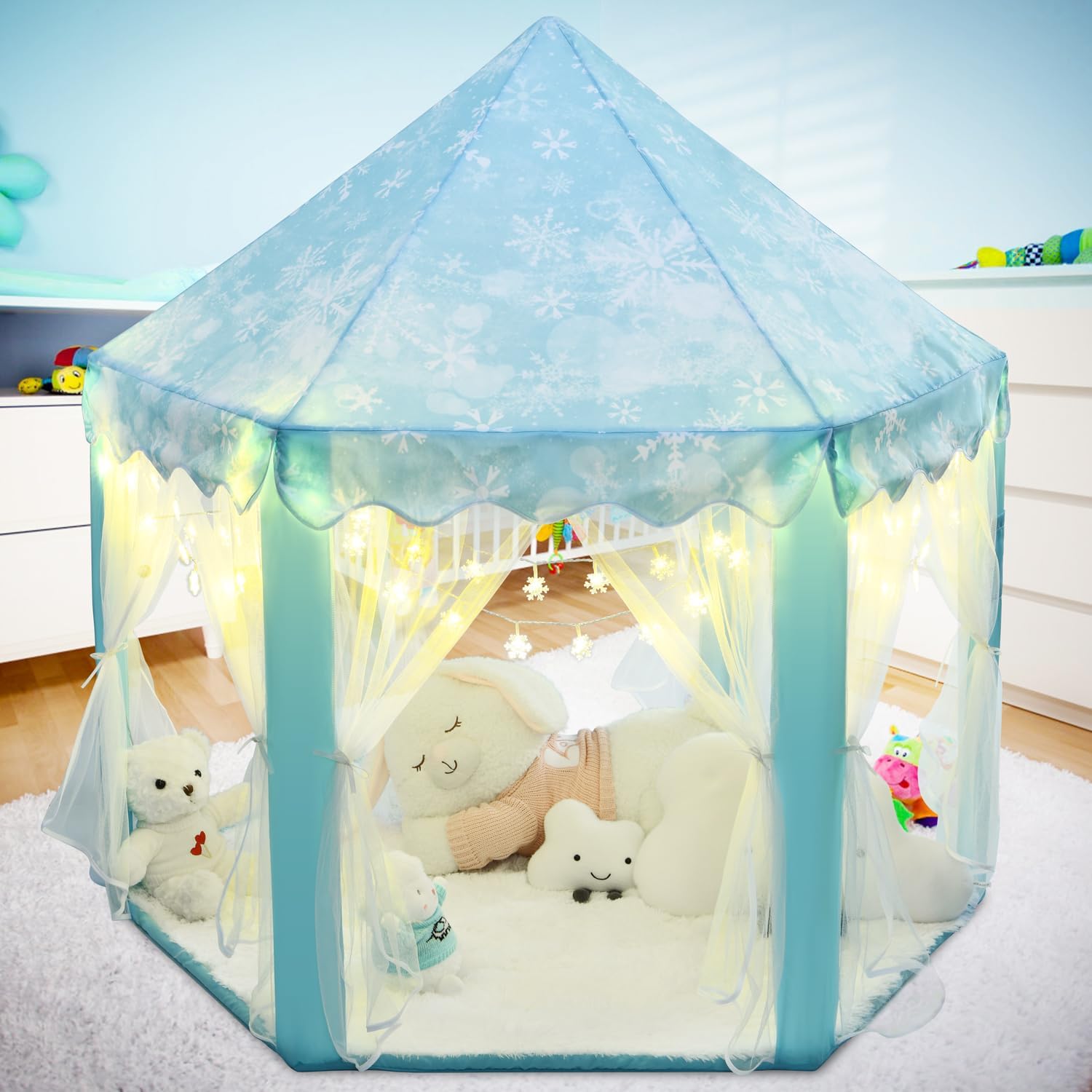 Frozen Princess Tent for Girls, Kids Play Tent with LED Small Snowflake Lights, Castle Playhouse Tent for Children Toddlers Indoor Outdoor Games, 55×53 Inches - Image 2