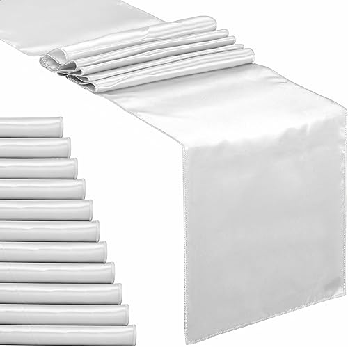 Miniatura 1 de Fynite Paquete de 12 caminos de mesa de satén de 12 x 108 pulgadas de largo, camino de mesa de satén plateado para decoración de fiestas, bodas,