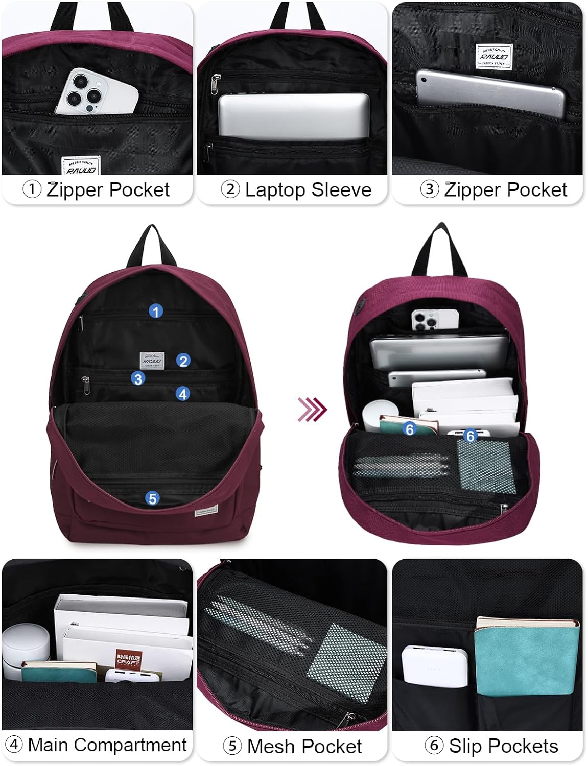 RAVUO School Backpack for Women | Classic College Bookbag for 15.6 inch Laptop, Water Resistant Daypack for Highschool Travel, Burgundy