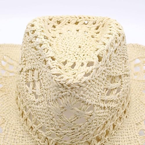 Miniatura 5 de Sombrero de vaquero occidental de verano para mujeres y hombres, sombrero de paja moldeable, sombrero de sol ahuecado, sombrero de playa con cuerda