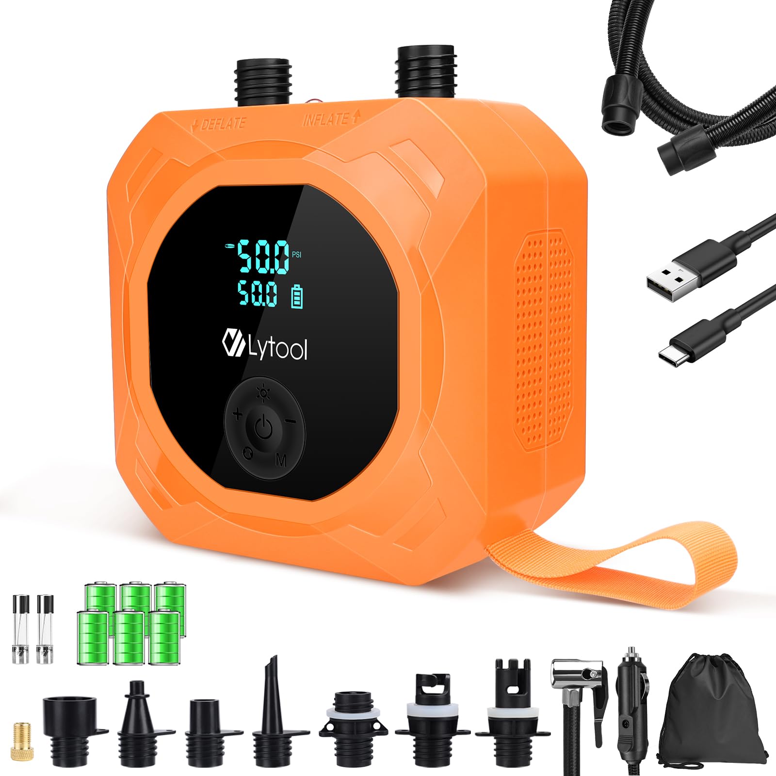Lytool Pompa SUP Elettrica 50 PSI Alta Pressione,Gonfiatore Paddle 12V DC,Gonfiaggio e Sgonfiaggio Automatico a 3 Stadi,Arresto Automatico,Cavo Accendisigari 3M per Kayak,Materasso,Bici, Moto, Auto
