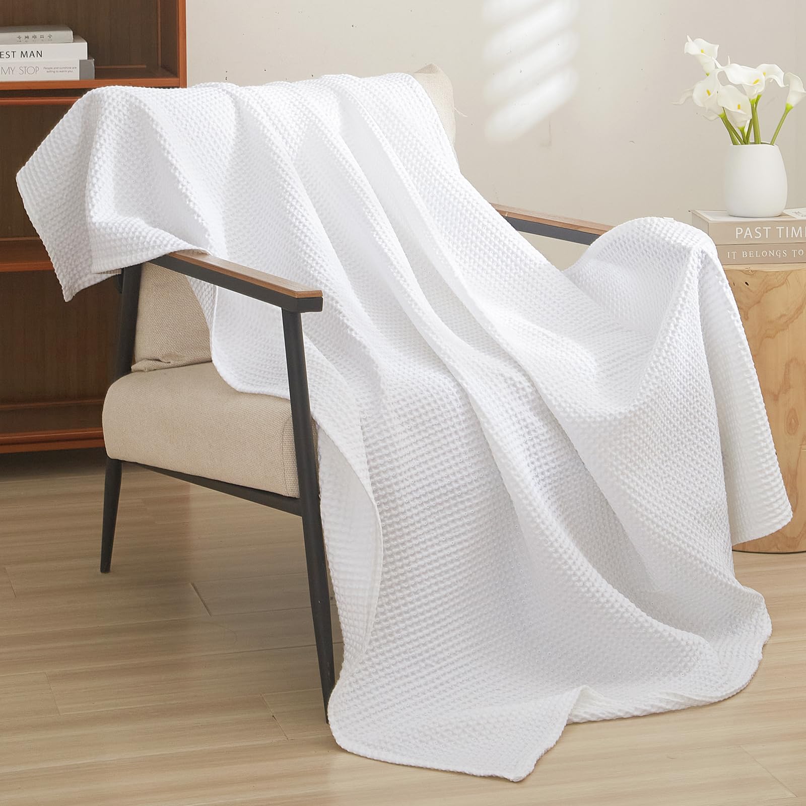 PHF 100% Cotton Waffle Weave Throw Blanket 50" x 60"-Lightweight Cozy Washed Soft Breathable Throw Blanket for Adults and Kids-Great Blanket Layer for Couch Bed Sofa-Elegant Home Decoration- WhiteOEKO-TEX STANDARD 100