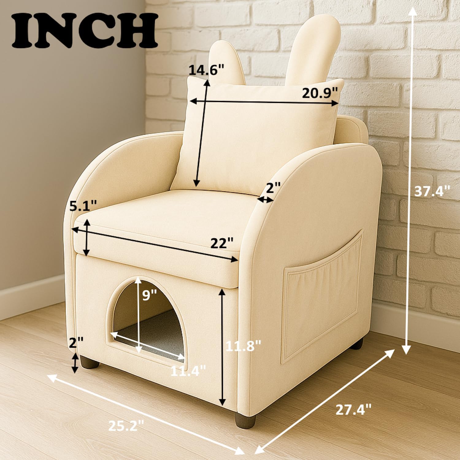 Friendly Armchair with Scratch-Resistant Fabric, Built-in Cat & Dog Hideaway, Dual-Use Sofa Chair with Side Pocket (Beige)