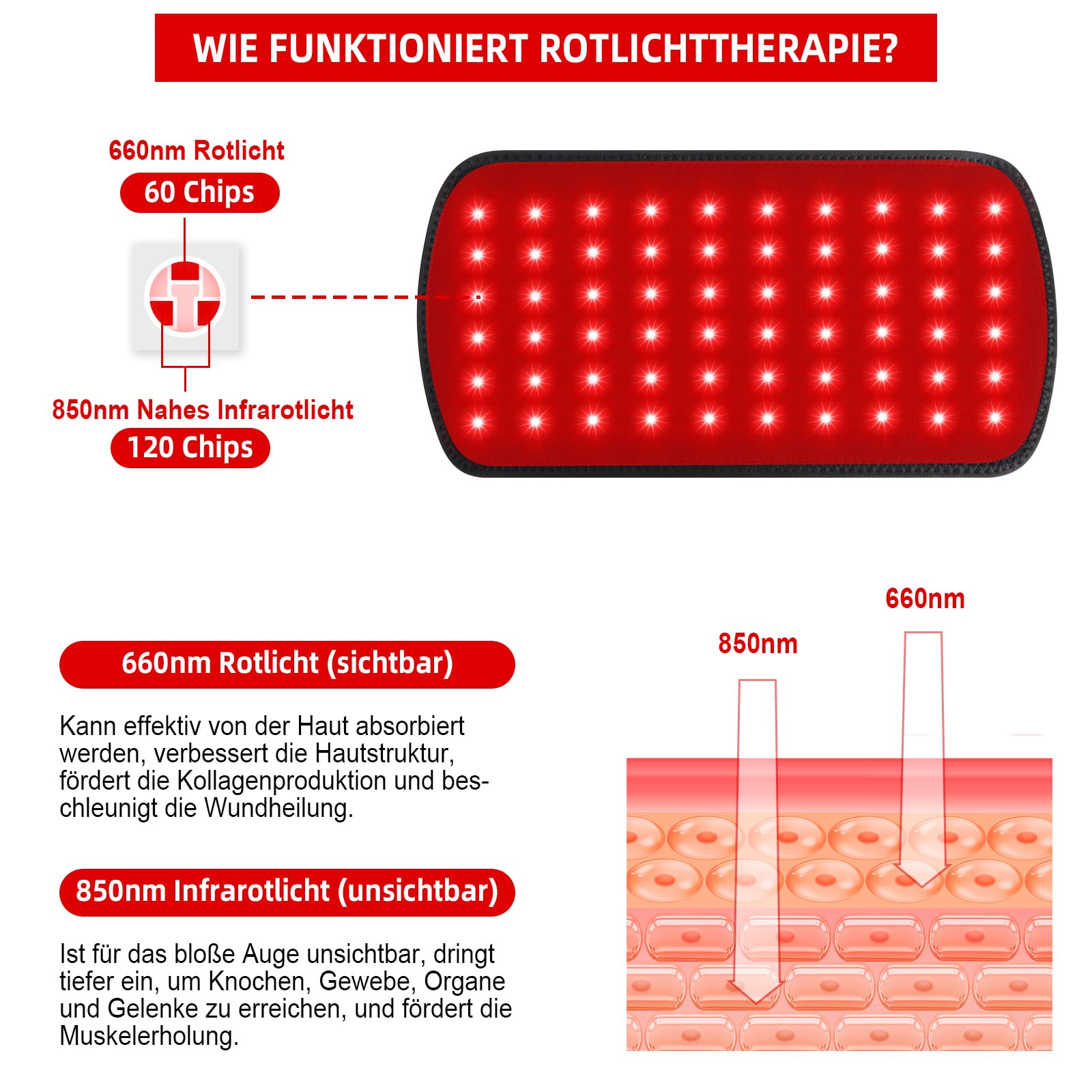 Rotlichtlampe Gürtel, Nahinfrarot-Lichttherapie für Körper, Triple-Chip 660nm 850nm LED Infrarot-Gürtel, Tragbares Infrarotlicht-Gerät für Rücken & Knie, Heimpflege-Set