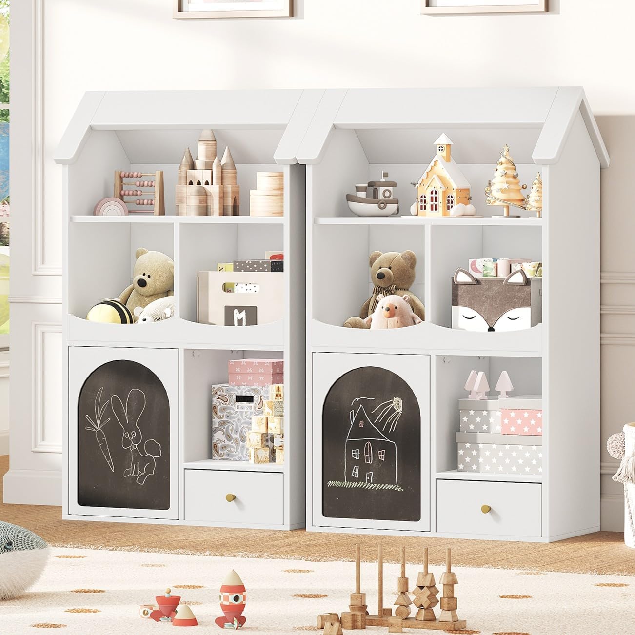 HOOBRO Toy Storage Organizer, Toy organizers and Storage with Drawer and DlY Chalkboard, Kids Bookshelf and Toy Storage with 4 Cubbies, Kids Toy Storage for Kids Room, Playroom, Nursery White WB64CW01