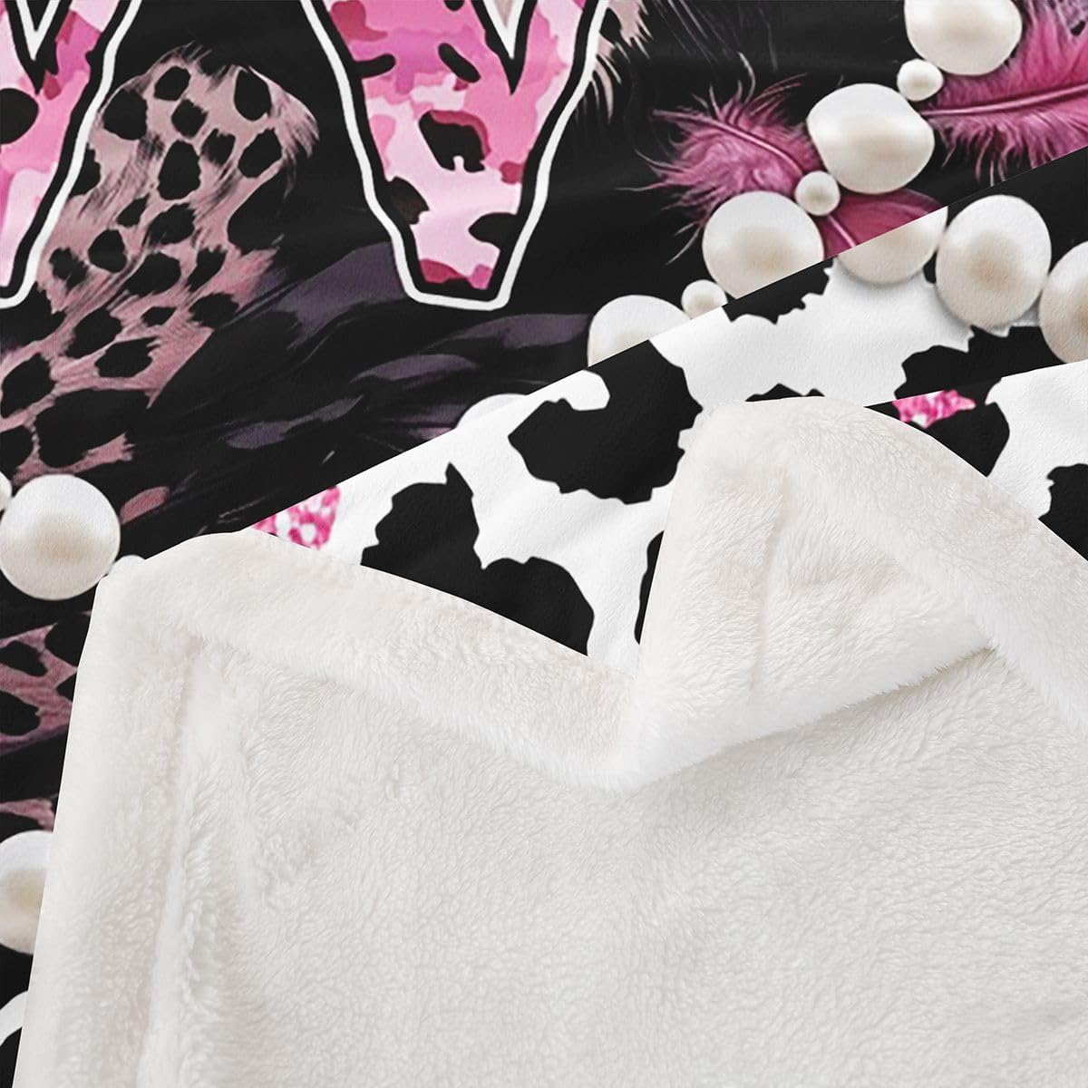 Personalized Black Bow Initial Letter W Fleece Blanket Aesthetic Feather Pink Leopard Print Sherpa Blanket 30"x40" for Boys Girls Teen,Glam Beaded Heart Coquette Pearl Y2K Monogram Fuzzy Plush Throw
