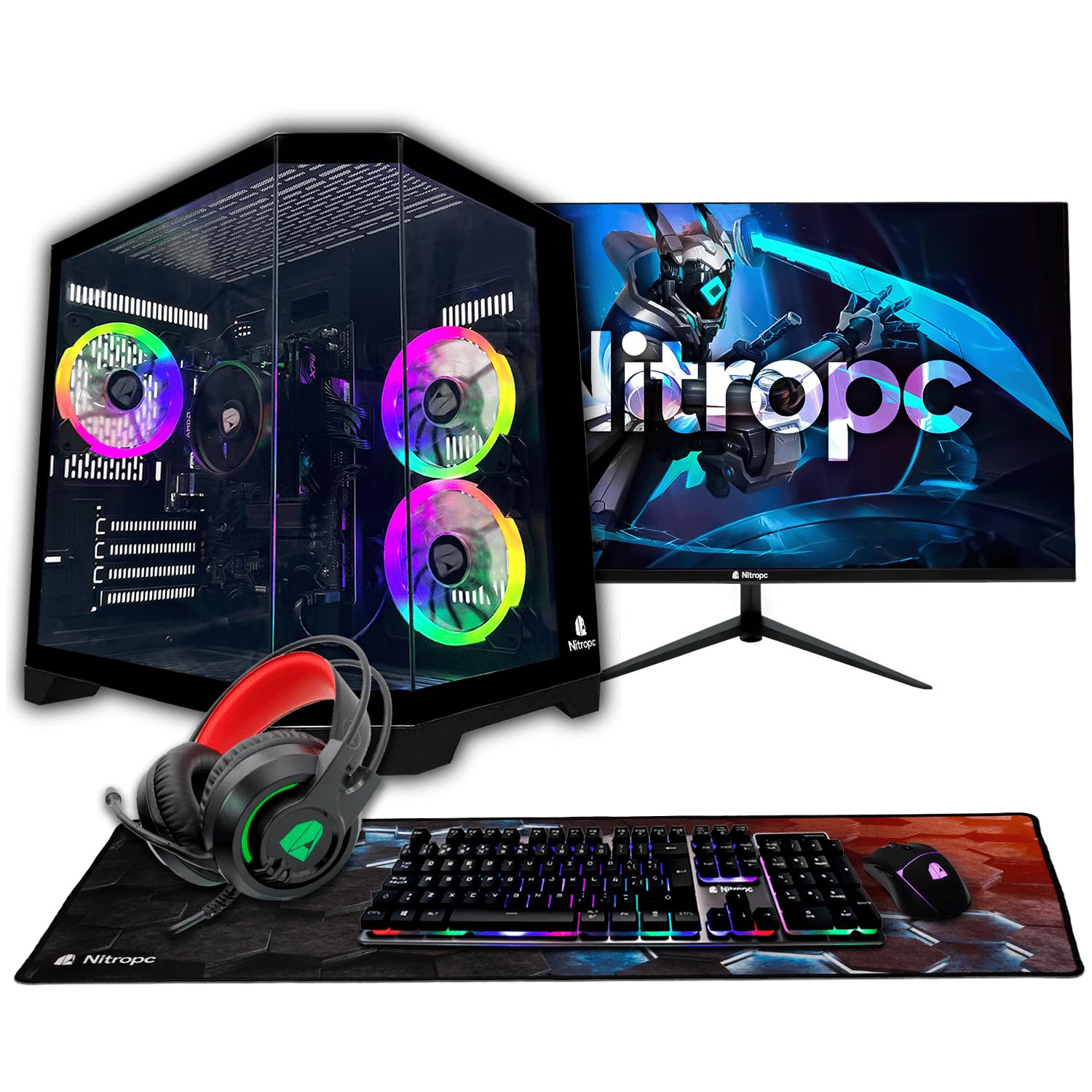 NitroPC PC Gaming Completo Start Esports Core Pack FHD120-24 · 90–110 FPS · 1080p · Ryzen 5 5655G (APU) RAM 16GB, M.2 1TB, Windows 11 Pro, WiFi, Negro - Monitor 24" FullHD + Accesorios