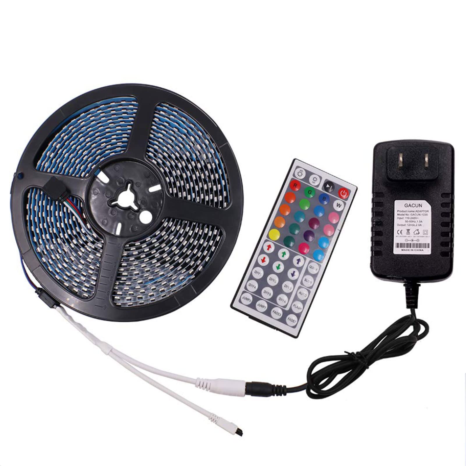 XUNATA Color Changing Light Strip, 16.4ft LED Strip Lights 3535 SMD 60 LEDs/m RGB LED Flexible Strip Light White PCB Board Decoration Lighting 44 Key IR Remote Controller+Power Adapter