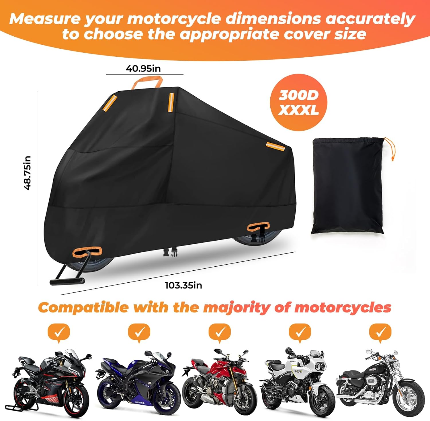 Motorcycle Cover Waterproof: Durable Heavy Duty Motorcycle Cover with Windproof and Security System - Fits up to 104 Inch Large Motorcycle (300D)