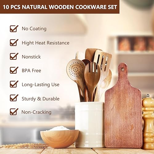 Miniatura 3 de GEEKHOM Juego de utensilios de madera, 10 espátulas de cocina para utensilios de cocina antiadherentes, espátula natural, cucharón para cocinar,