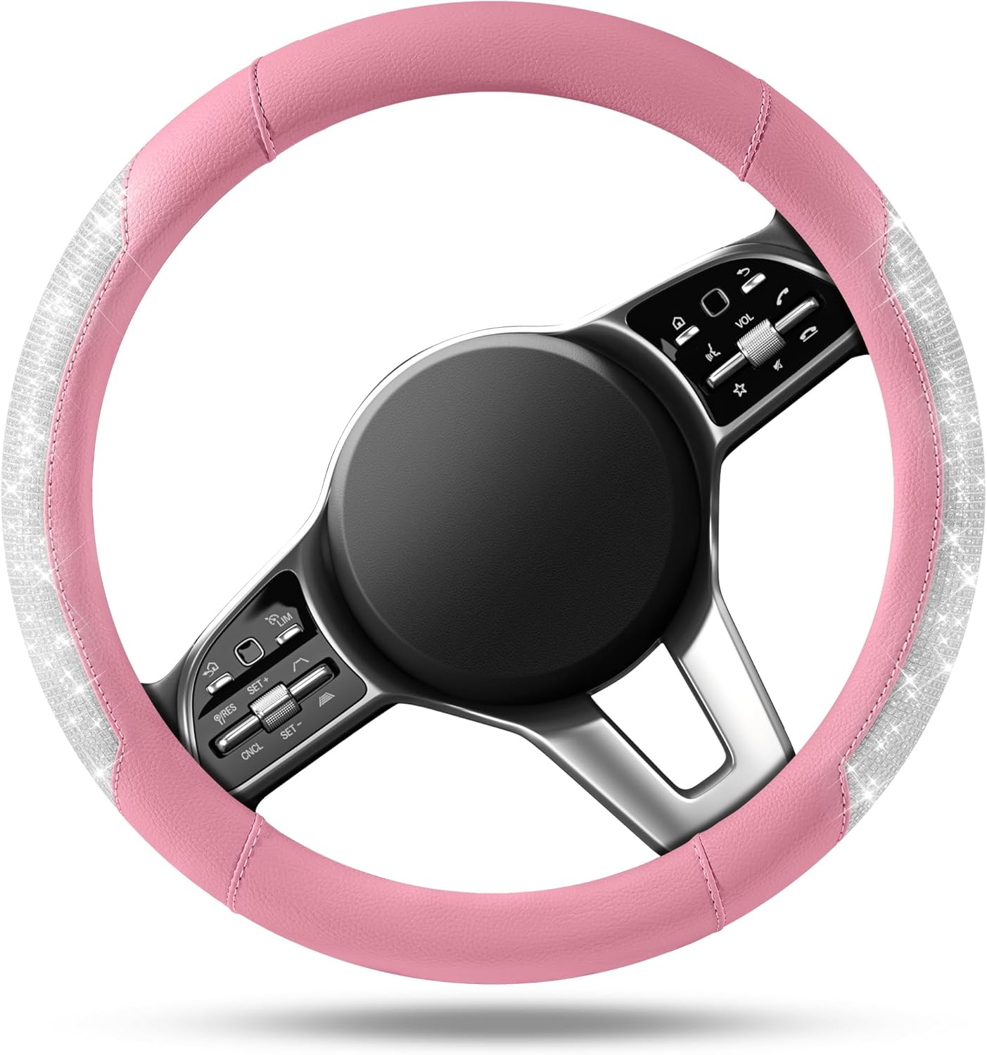 PIC AUTO Steering Wheel Cover, Sparkly Crystal Bling Glitter with Pink Leather, Universal Fit 14.5"-15.5" Car Steering Wheels for Girls & Women, Breathable Anti-Slip Steering Wheels Cover - Image 2