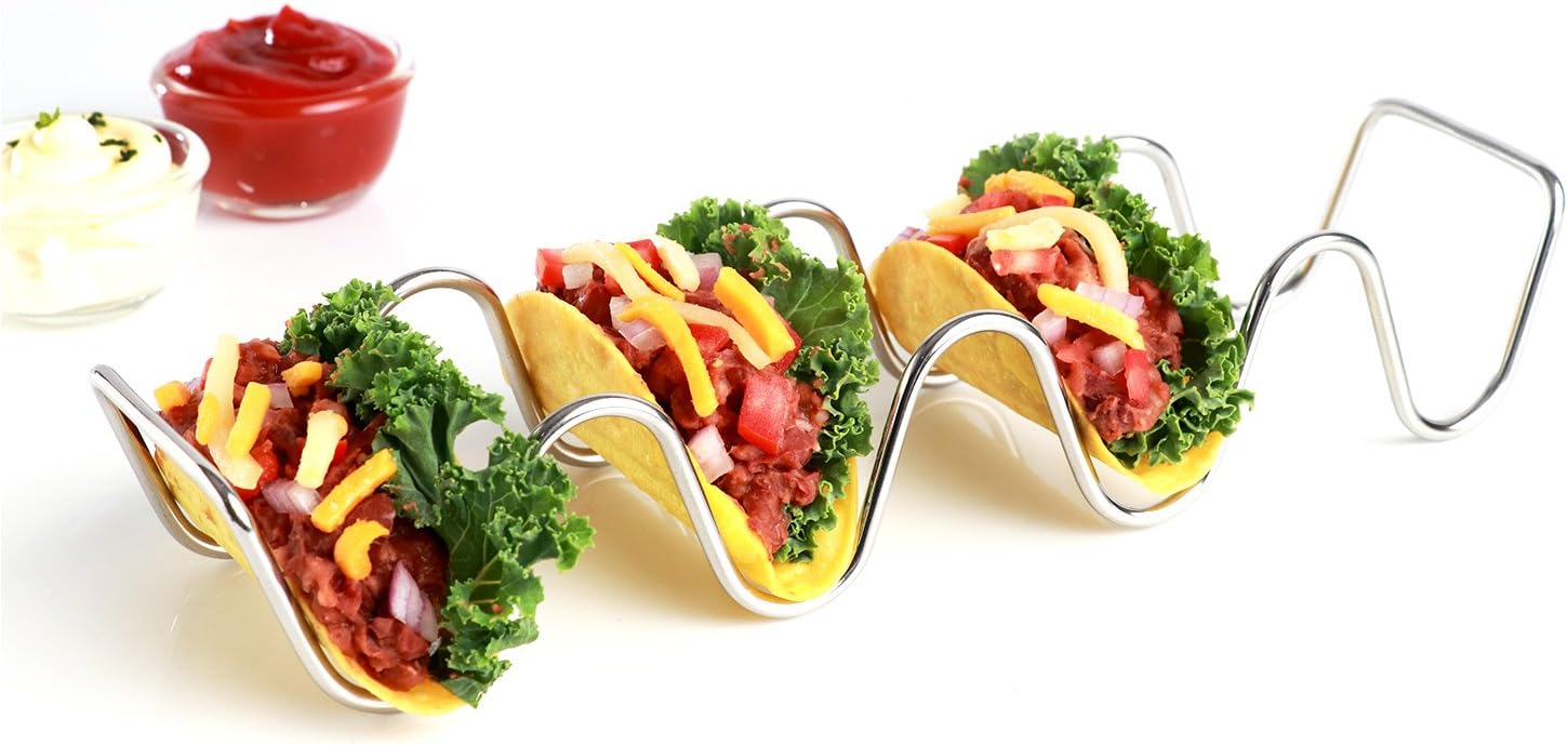 Urban Snackers 4 Slot Taco Holder, Stainless Steel, Silver, Use for Home, Kitchen, Hotel, Party, Celebration, Restaurants, Pack of 1