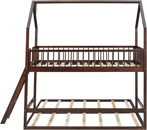 Miniatura 5 de Harper & Bright Designs Litera de casa individual sobre cama individual con nido extensible y escalera, marco de litera de madera para niños,