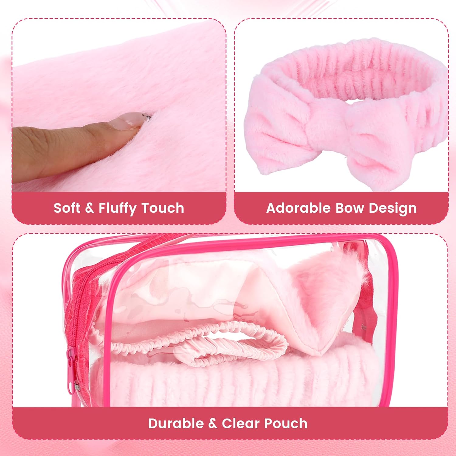 24Pcs Sleepover Party Supplies for Women, 8Sets of Spa Party Supplies for Women - Pink Headband Sleep Eye Mask and Clear Cosmetic Bags for Spa Wedding Bridal Shower Birthday Bachelorette Slumber Gifts