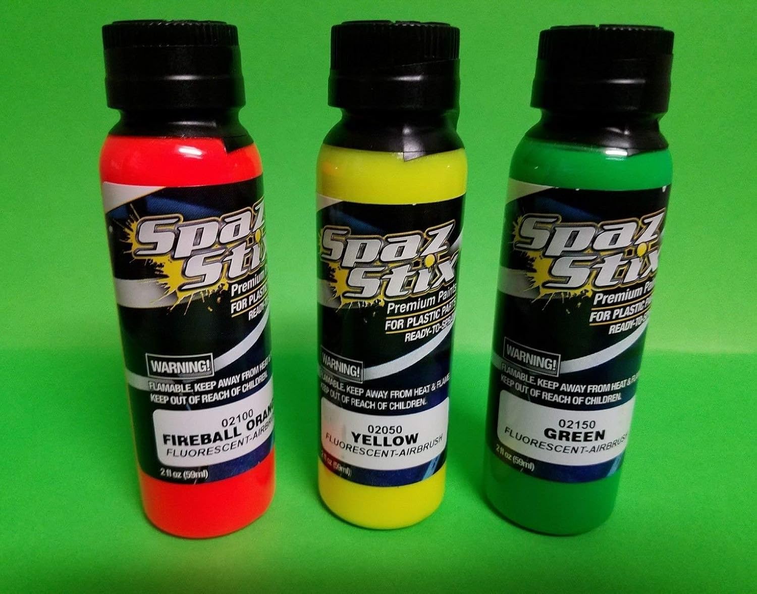 Spaz Stix 3 PACK FLUORECENT ORANGE GREEN YELLOW 02100 02150 02050 AIRBRUSH PAINT INCLUDES CHICAGOLAND RC COUPON