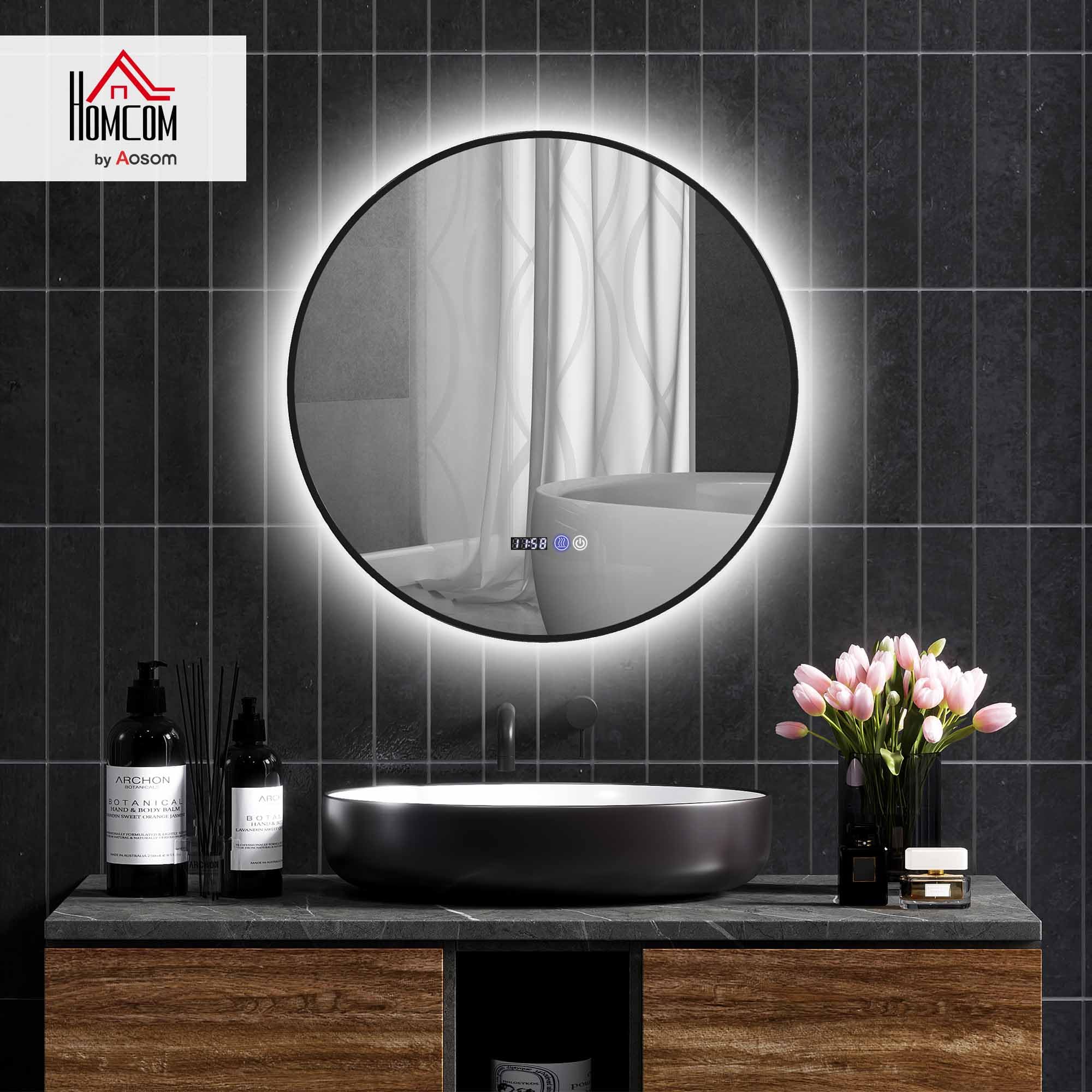 HOMCOM Specchio da Bagno con Luce LED Regolabile, Specchio Rotondo Anti Nebbia 70 cm, Specchio da Parete con Smart Touch con Display Ora e Temperatura e Funzione Memoria, IP44, Nero