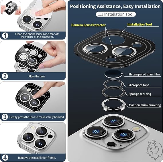 URUCHI iPhone 17 Pro / 17 Pro Max / 16 Pro/16 PMax / 15P/15PM / 14P/14PM SAFİR PREMIUM Kamera Lens Koruyucu, [Orijinal Tasarım] Çizilmez 9H Temperli Cam Kamera Ekran Koruyucu, Metal Lens, Gümüş