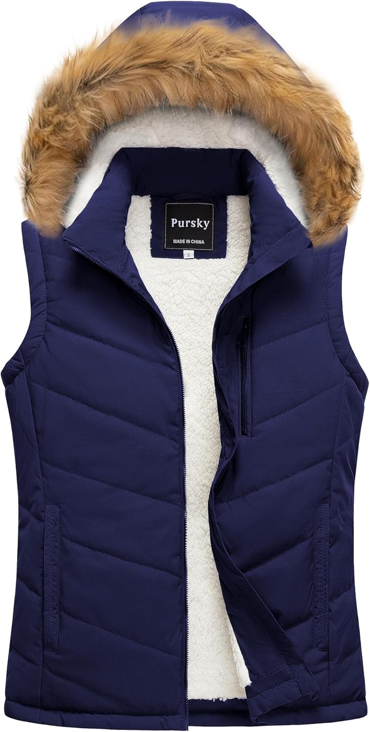 Pursky Women's Winter Vest Sherpa Fleece Lined Puffer Vest Warm Lightweight Sleeveless Jackets With Removable Hood - Image 7
