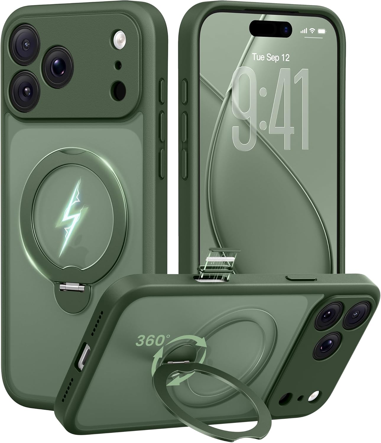GolbinBox 360° Spin Magnetic Stand for iPhone 17 Pro Case, [Compatible with MagSafe] [Full Camera Protection] [16FT Military Drop Protection], Silm Translucent Matte Phone Case, Green