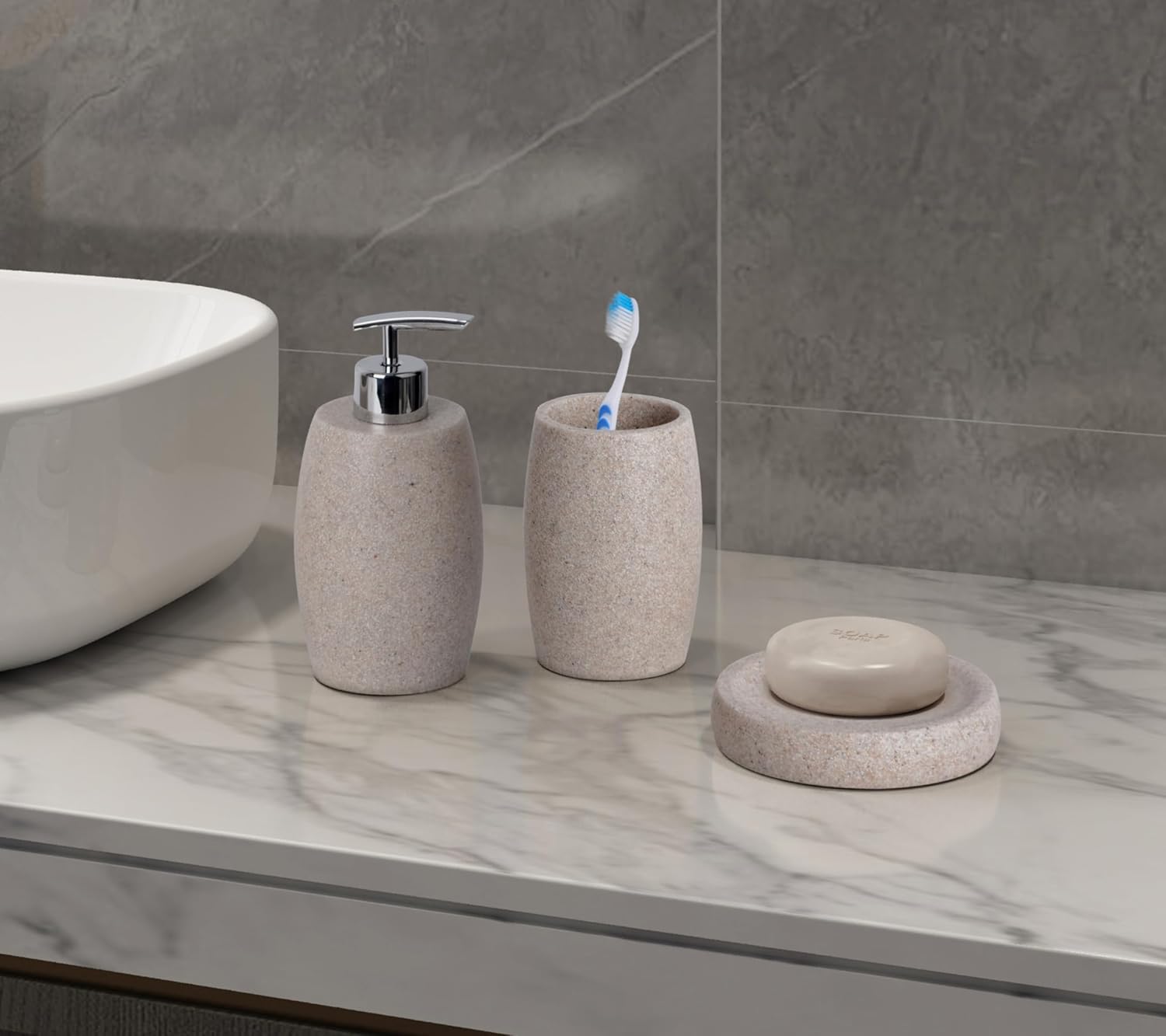 Clasin Home Beige Bathroom Accessories Set 3 PC, Resin Sandstone Look Soap Dispenser, Toothbrush Cup, Soap Dish, Bathroom Soap Dispenser Set for Home Decor and Kitchen