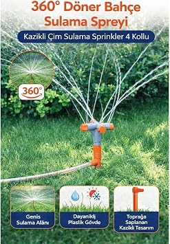 360° Döner Bahçe Sulama Fıskiyesi, 4 Kollu Otomatik Sprinkler, Kazıklı Tasarım, Geniş Alan Kaplama
