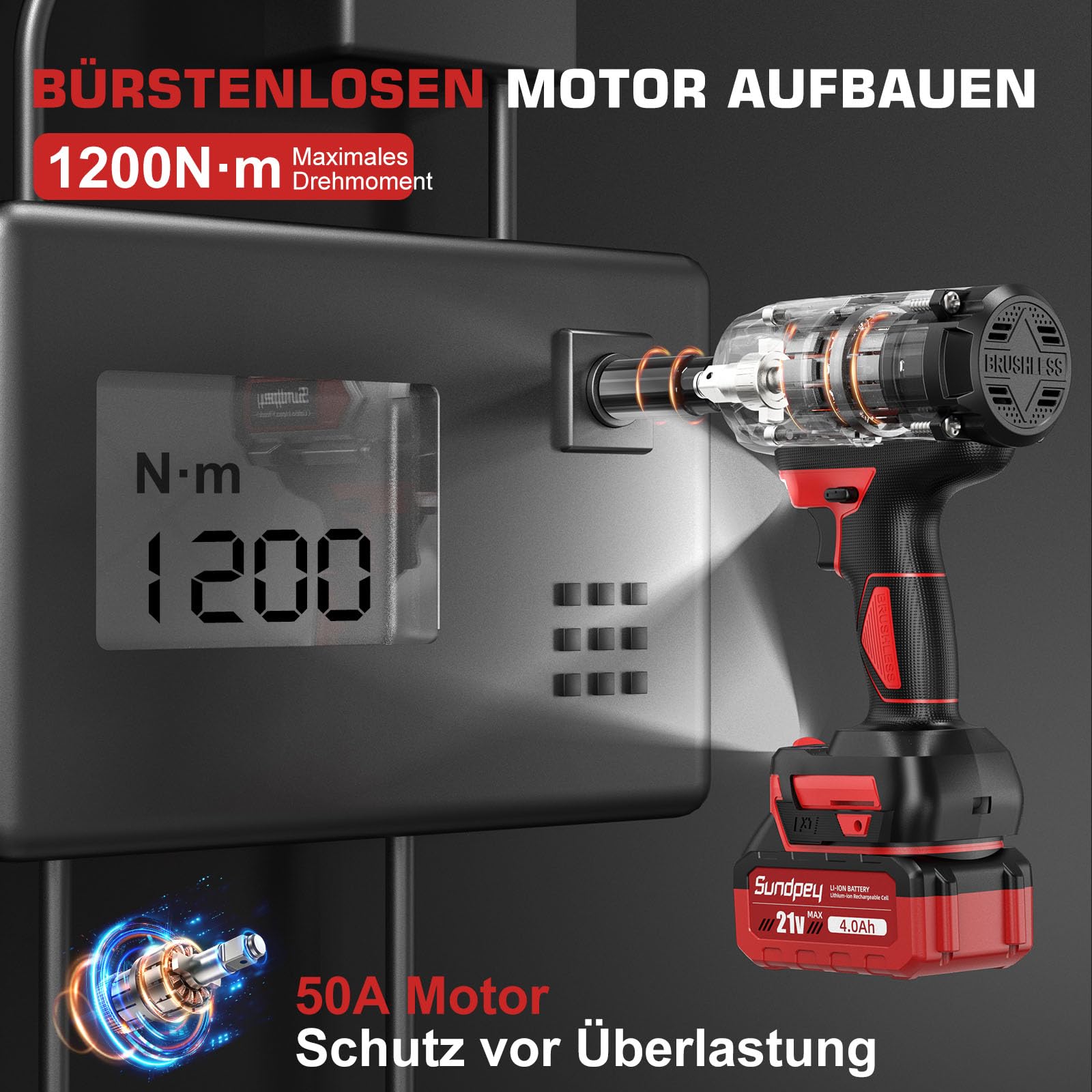 Sundpey Avvitatore ad Impulsi a Batteria 1200 Nm, Avvitatore ad Impulsi 1/2" con 2 Batterie 4.0Ah, 6 Bussoli per Avvitare e Svitare, Avvitatore a Percussione per Auto/Cantiere/Camion