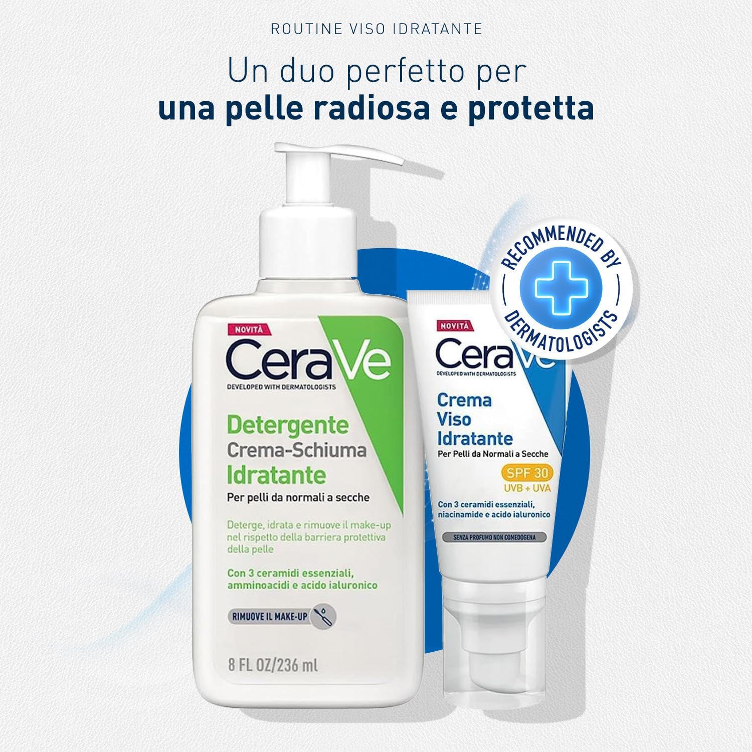 CeraVe Kit Skincare Viso Detergente Schiuma, Per Pelli da Normali a Secche, Con 3 Ceramidi, 236 ml + Crema Idratante SPF 30, 52 ml
