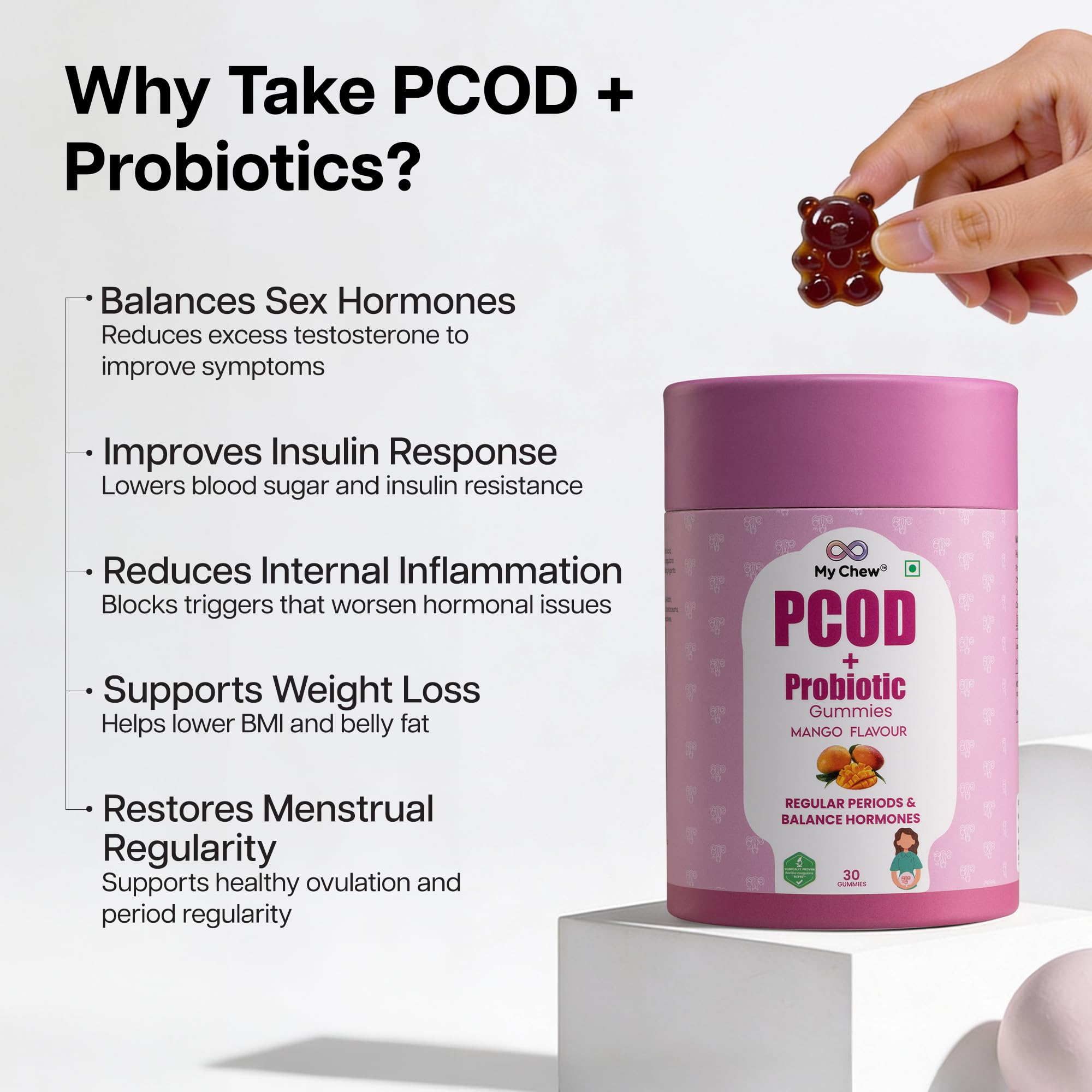 My Chew Probiotic PCOD Gummies,1 Billion CFU Clinically Proven, Inositol Supplement for Hormonal Balance & Fertility Support, With Myo-Inositol, D-Chiro Inositol, Folic Acid, B-Complex,30 Gummies — Amazon image 4