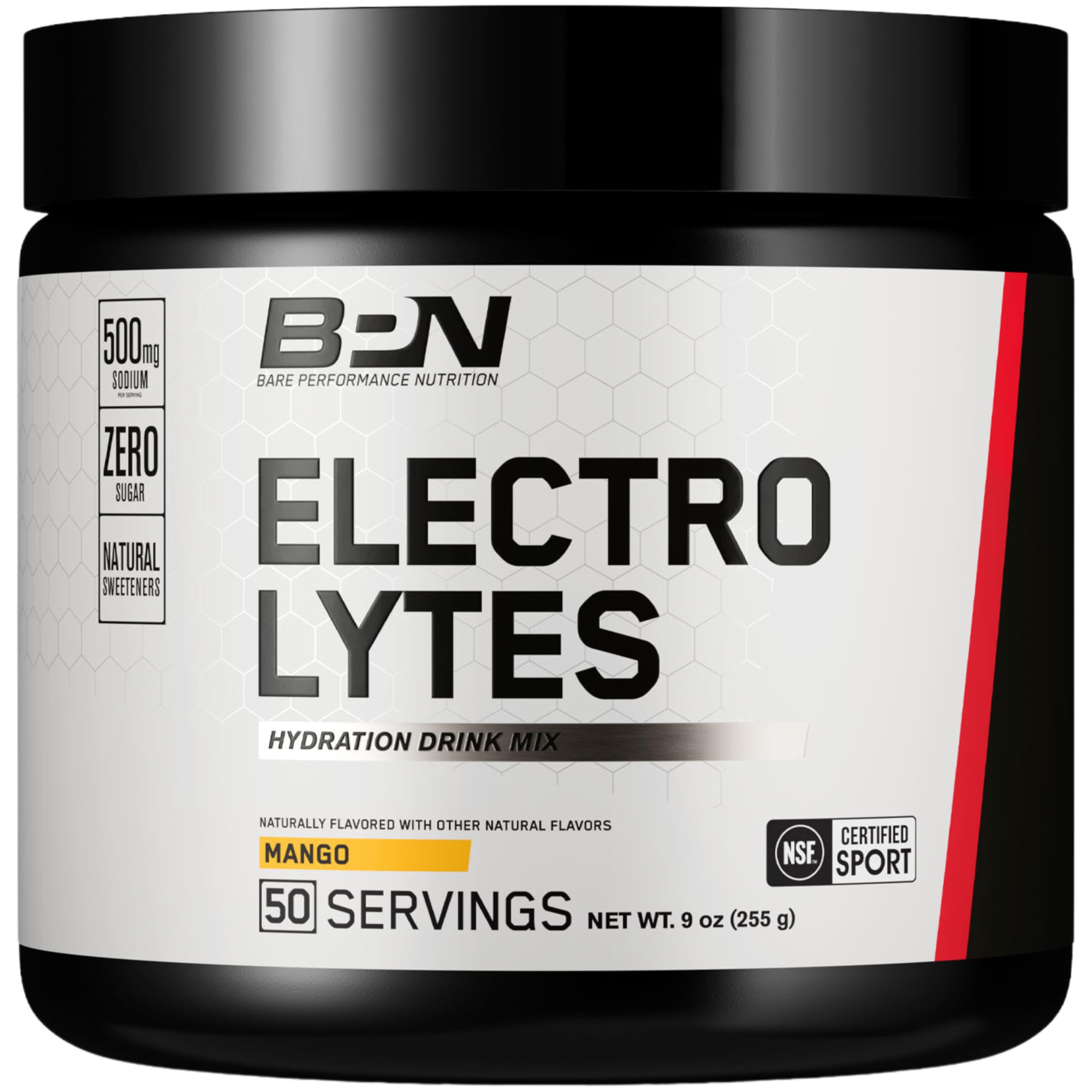 BARE PERFORMANCE NUTRITION BPN Electrolytes Hydration Drink Mix | Sugar Free Electrolyte Powder | 500mg Sodium per Serving | Naturally Sweetened | Mango, 50 Servings