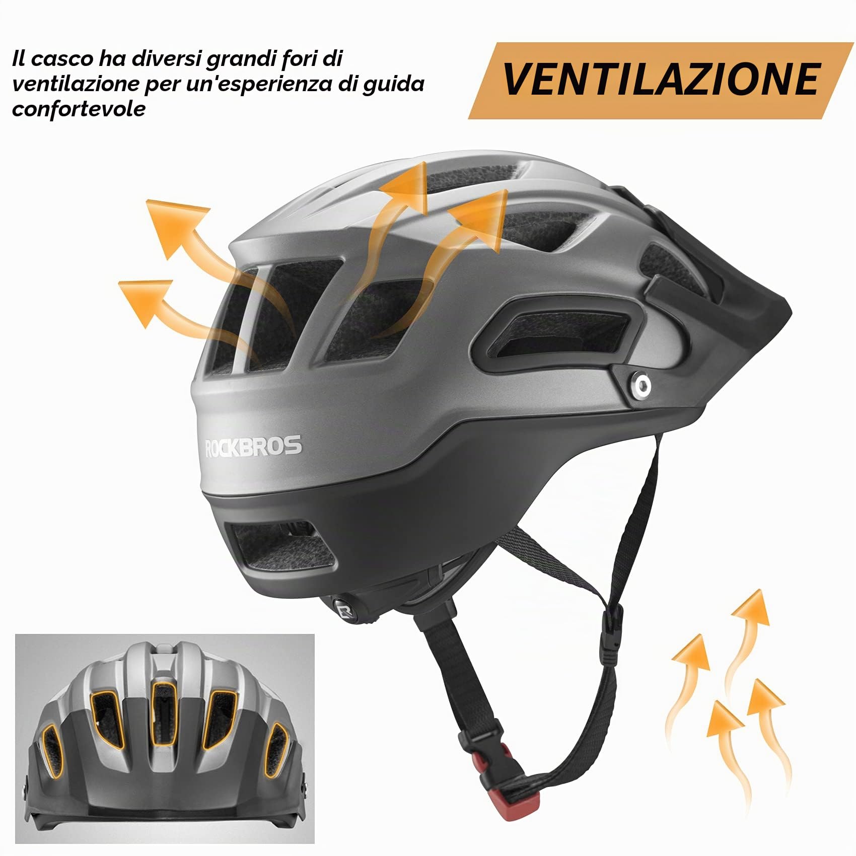 ROCKBROS Casco Bici con Visiera Staccabile Uomo Donna, Casco da Ciclismo per MTB Bicicletta, Leggero Traspirante, Protezione Certificato CE, Taglia Regolabile M(55-58cm)/L(58-61cm)