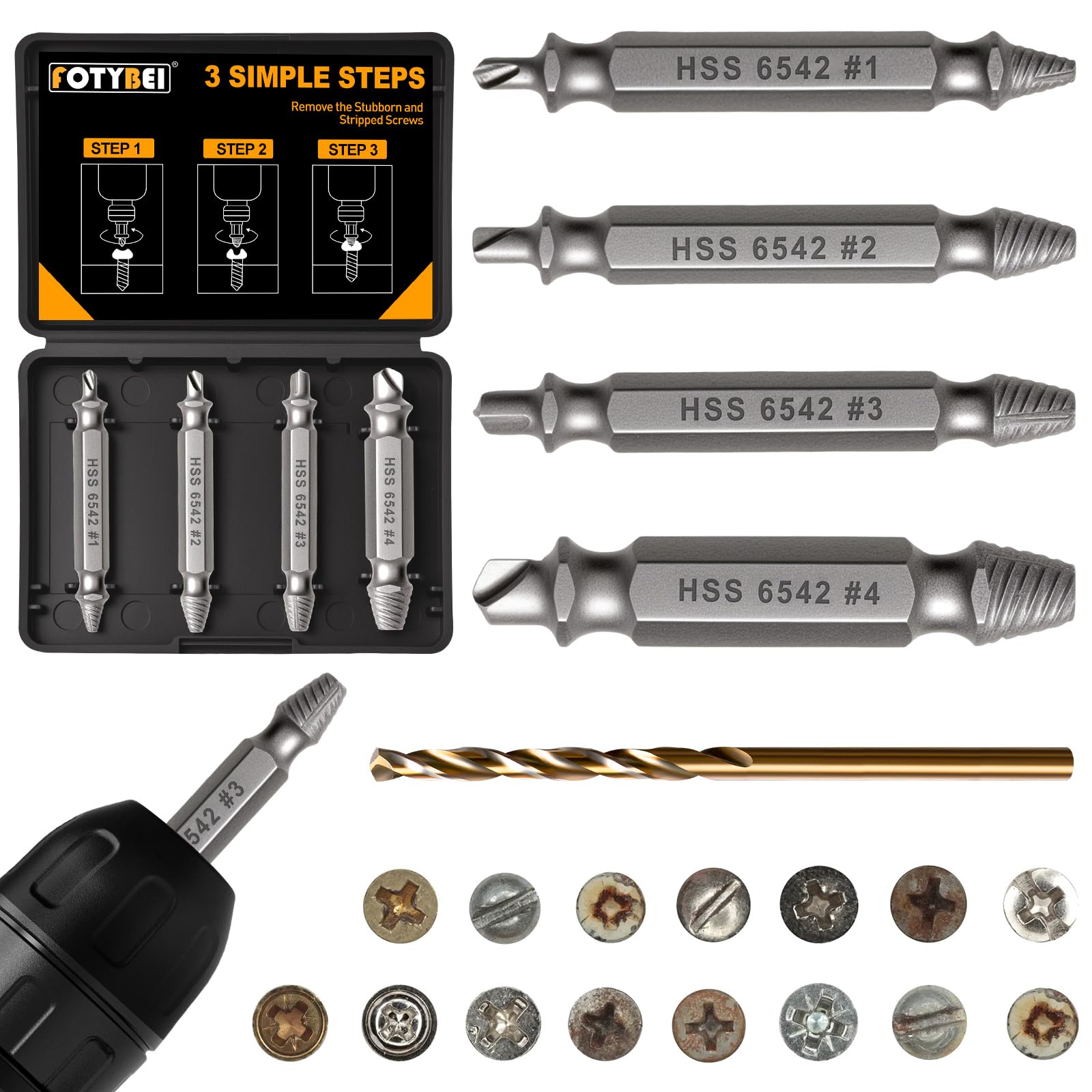 Damaged Screw Extractor Set 5PCS, Stripped Screw Extractor, Easy Out Removal of Rusty Broken Screws, Gifts for Men
