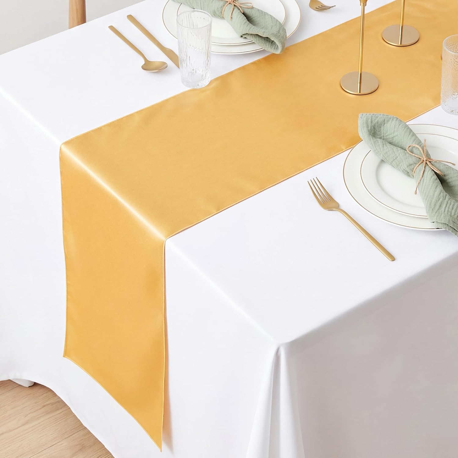 4 Pack Gold Satin Table Runners 12 x 108 Inch Reusable Seamless Design