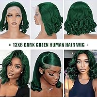 Vista 4 de haha Peluca de cabello humano verde oscuro de 13 x 6 pulgadas, peluca corta de encaje frontal HD, sin pegamento, pelucas cortas onduladas