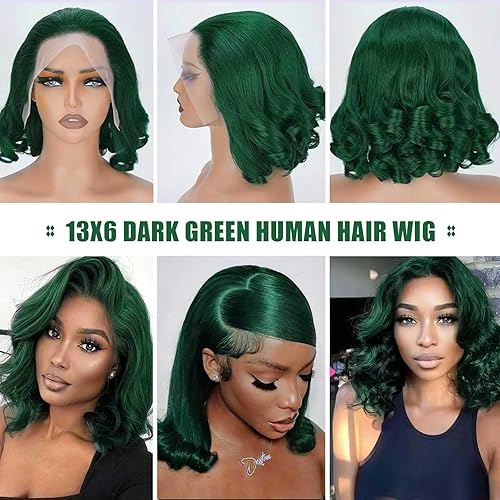 Miniatura 4 de haha Peluca de cabello humano verde oscuro de 13 x 6 pulgadas, peluca corta de encaje frontal HD, sin pegamento, pelucas cortas onduladas