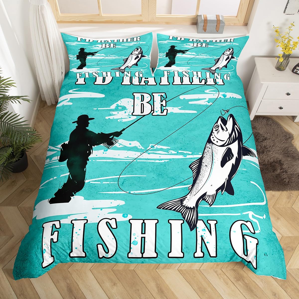 Manfei Fishing Kids Duvet Cover Set Double Size, Wild Animal Hunting Theme Bedding Set for Boys Girls Adults Bedroom Decor, Rustic Farmhouse Comforter Cover, Soft Polyester Quilt Cover, 2 Pillowcases