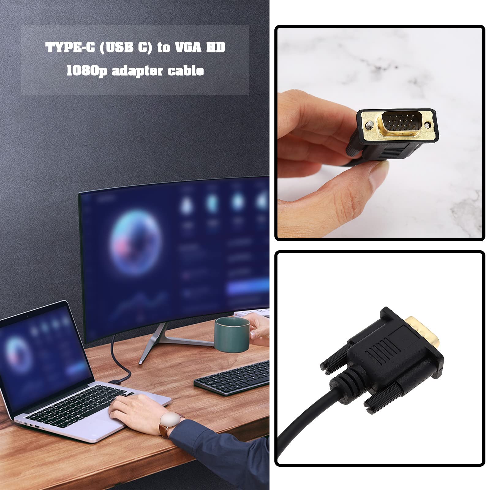 Cavo da USB-C a VGA USB di tipo C a VGA, cavo di prolunga da 1080P per computer, desktop, laptop, monitor, TV, apparecchiature ad alta risoluzione, 6 piedi