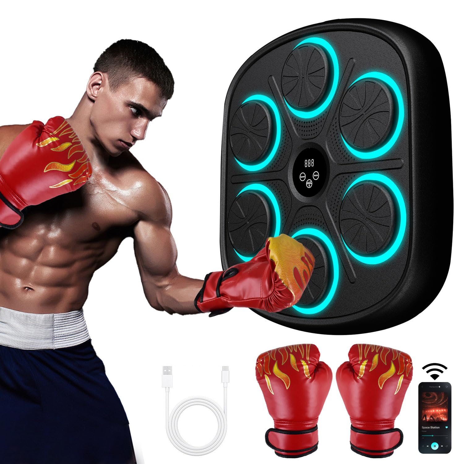 New Smart Music Boxing Machine with Boxing Gloves, Bluetooth Training Machine with LED Electronic Wall Mounted, Electronic Focus Agility Training Digital Boxing for Kids and Adults