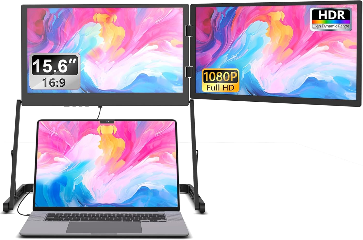 DuoCreate 15 FHD 15.6" Premium Dual Portable Monitor Extender | 2×15.6" 1920×1080 IPS | 360° Rotation | USB-C & HDMI | Aluminum Alloy Foldable Stand | Eye Care | for 13-18.5" Mac & Windows
