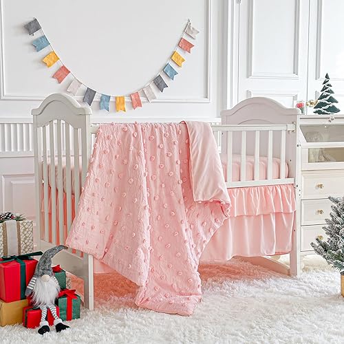 Miniatura 2 de Juego de ropa de cama rosa para cuna, edredón jacquard con lunares copetudos, sábana bajera y falda de cama, bonito bordado, bohemio, shabby chic,